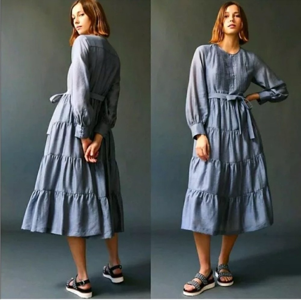 Anthropologie x Mare Mare Christy Tiered Midi Dress Size S Blue Dawn Cottagecore